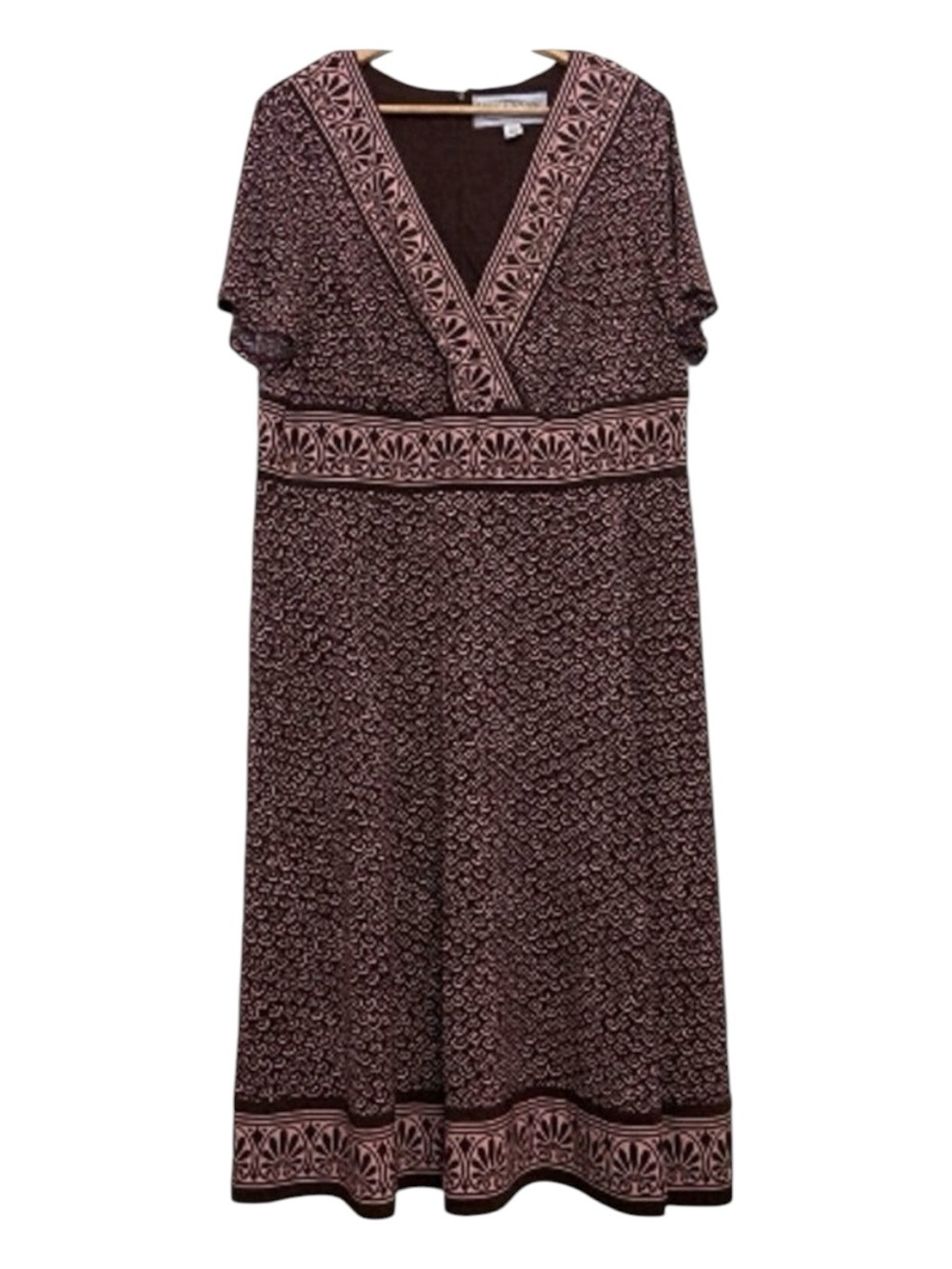 Jessica Howard Midi Dress 18W Brown Pink Stretch Jersey Empire Waist Plus Size
